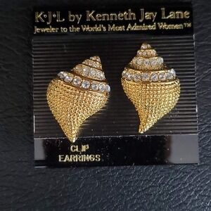 KJL Kenneth Jay Lane Gold Tone Crystal Seashell Clip Earrings Beach Resort Bling